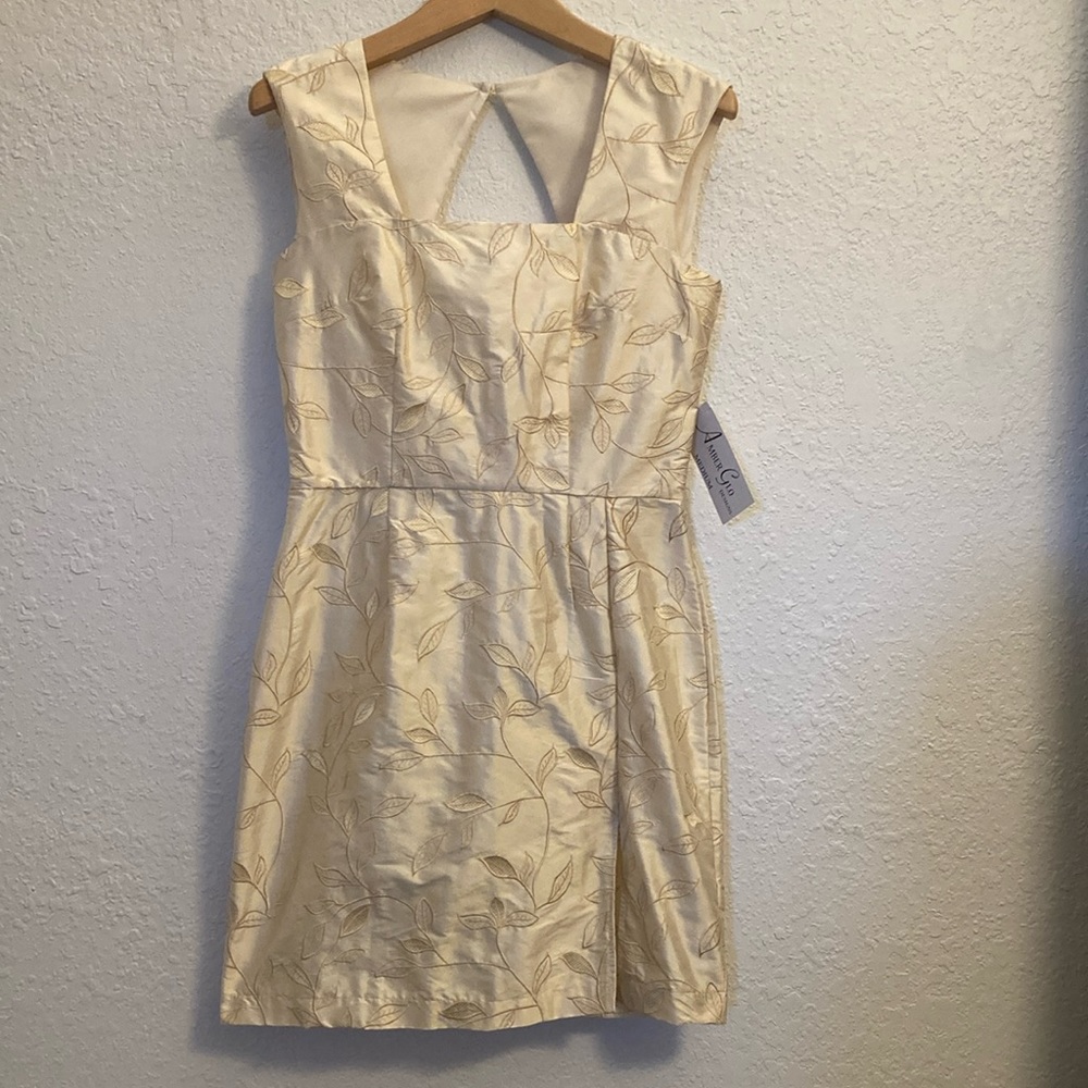 Amber Glo designs cream colored silk dress w/ front slit. Sz M. NWT